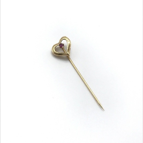 14K Solid Yellow Gold Vintage Ruby Stone Open Heart Love Themed Stick Pin - Picture 4 of 6